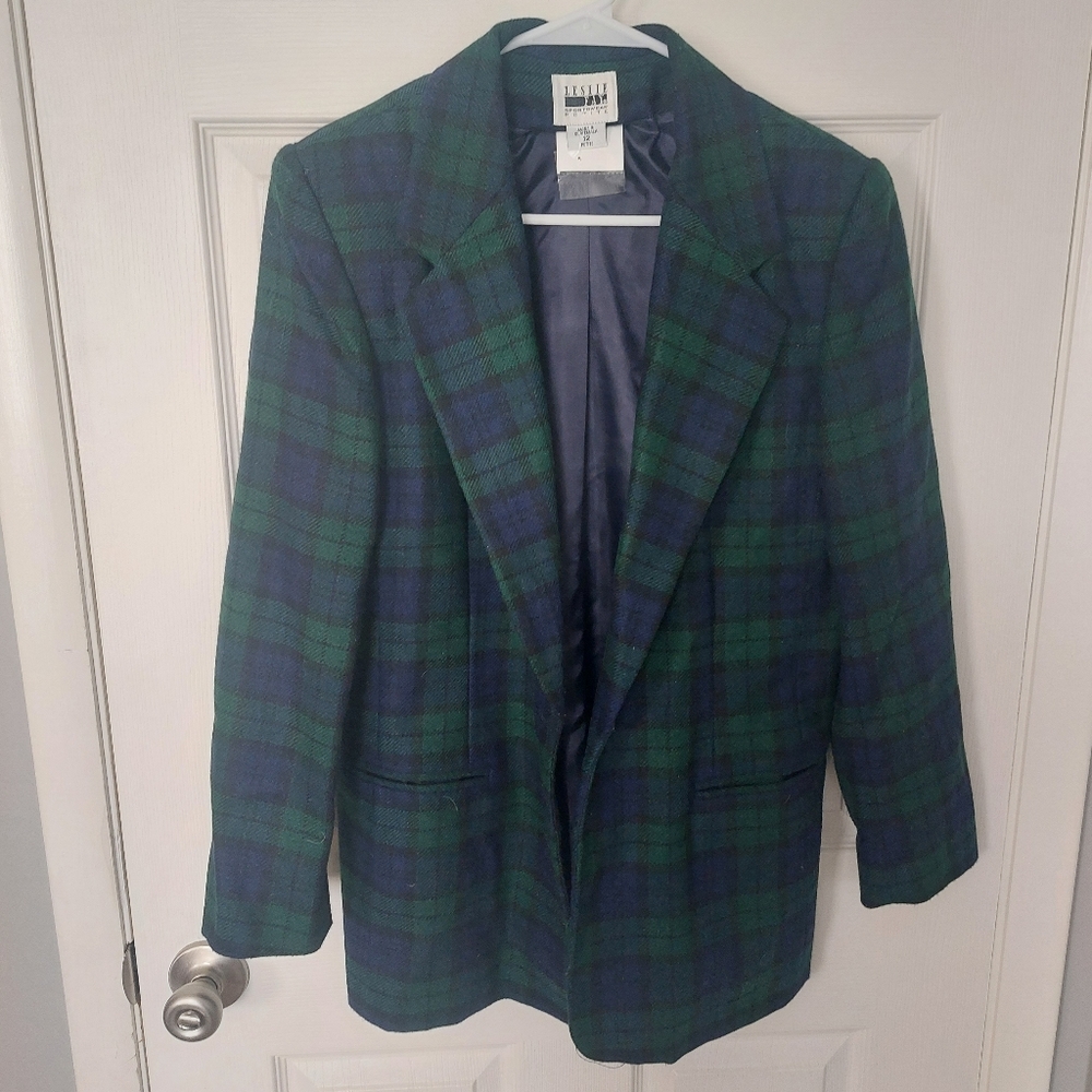 Leslie Fay Single Button Green & Blue Plaid Blazer, Size Large